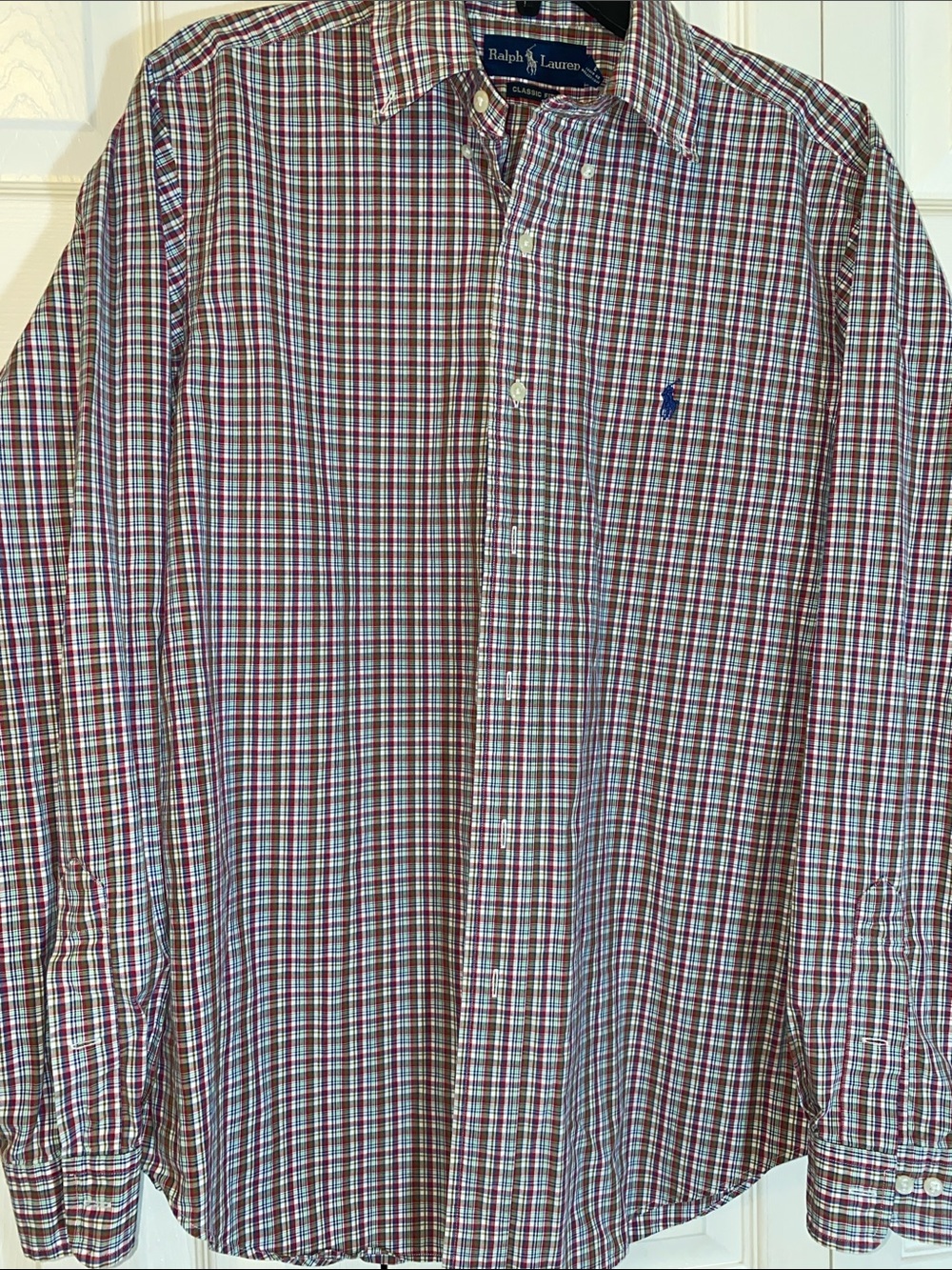 Ralph Lauren Men’s Plaid Button-Down Shirt in Red, Olive, Blue, and White